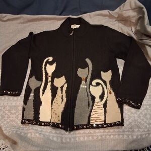Coldwater Creek Black and Gray Cat Pattern Cardigan